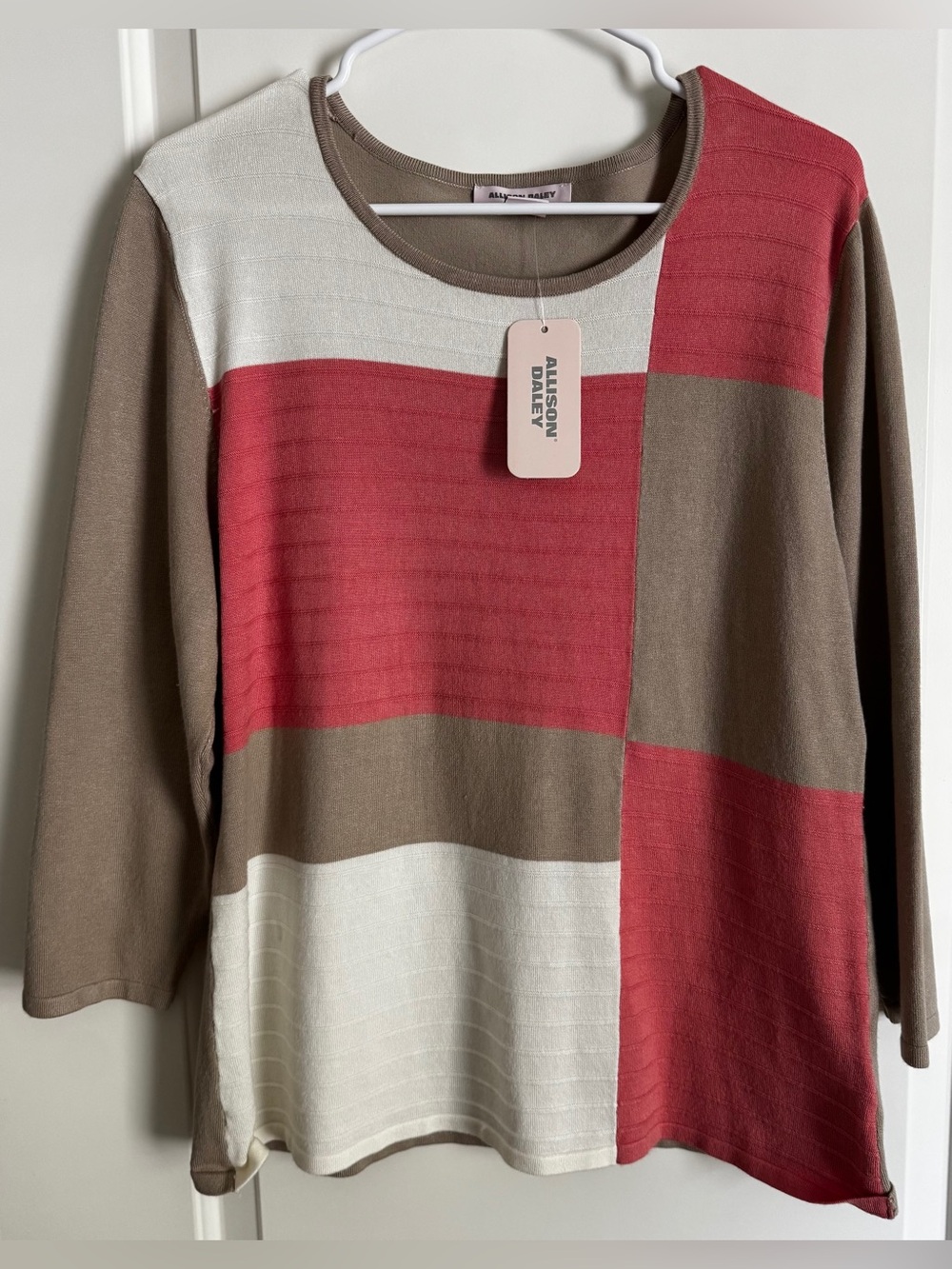 Allison Daley NWT Colorblock Knit Sweater Top Coral Pink Taupe Ivory Large - Picture 3 of 11